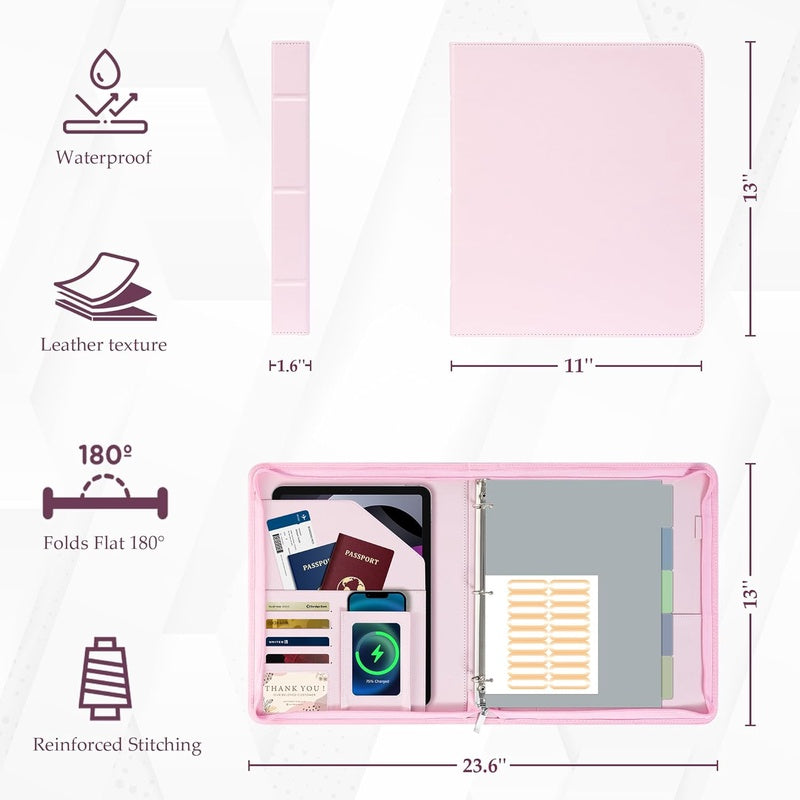 Zippered Leather 3 Ring Binder Organizer with Pockets - Business Portfolio Folder with Card Slots, Phone Holder, Pen Loop Pink