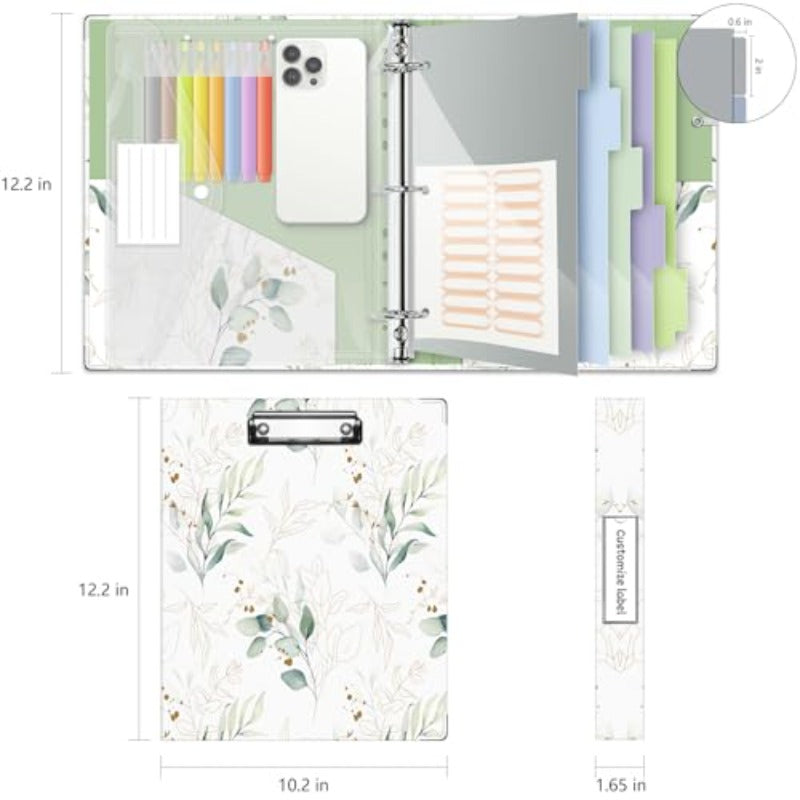3 Ring 1 Inch Binder Organizer | KLE Three Ring Binders with Clipboard, 5 Pocket Divider with Tabs, Folder with 18 Divider Stickers, Pen Loop, Leaves Letter Size
