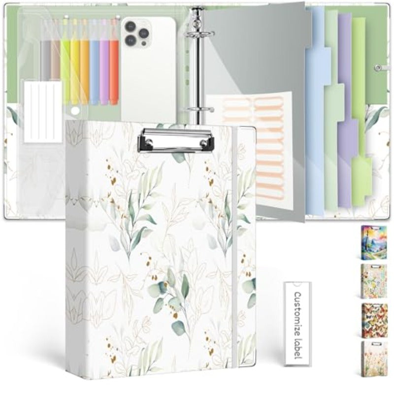 3 Ring 1 Inch Binder Organizer | KLE Three Ring Binders with Clipboard, 5 Pocket Divider with Tabs, Folder with 18 Divider Stickers, Pen Loop, Leaves Letter Size