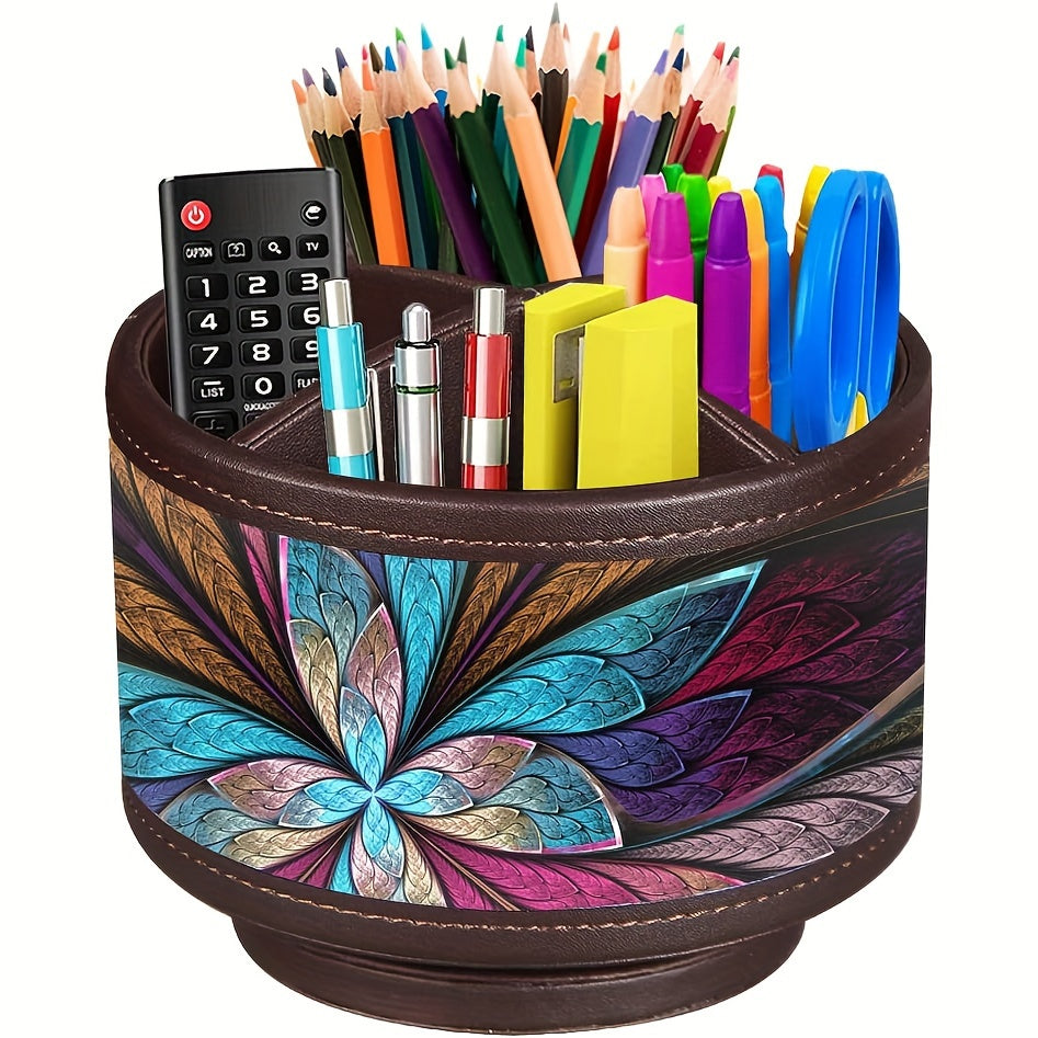 360° Swivel Pen Holder with 4 Compartments, PU Leather Versatile Desk Organizer Storage Box\u002FRemote Control Holder\u002FPencil Case for Art Supplies, Remotes, Glasses, Office Supplies and Accessories, etc.
