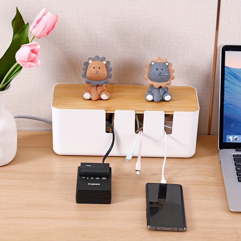 Bamboo-Covered Power Strip Storage Box - A Desktop Organizer for Cables with Cord Management, Versatile Plastic Container for Chargers And Cables
