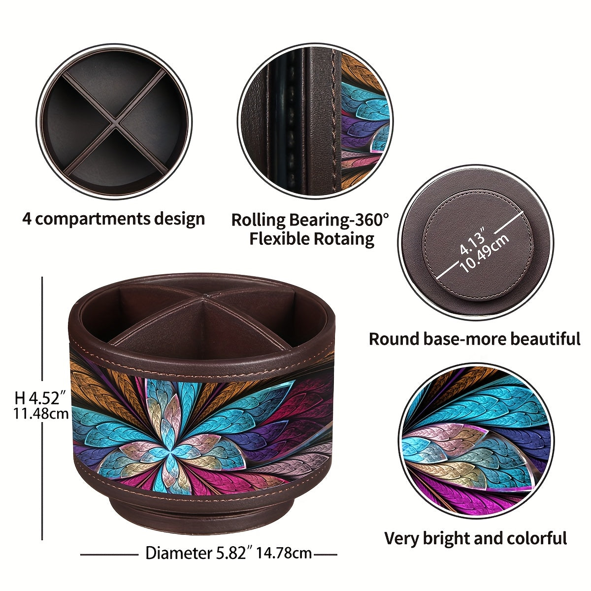 360° Swivel Pen Holder with 4 Compartments, PU Leather Versatile Desk Organizer Storage Box\u002FRemote Control Holder\u002FPencil Case for Art Supplies, Remotes, Glasses, Office Supplies and Accessories, etc.