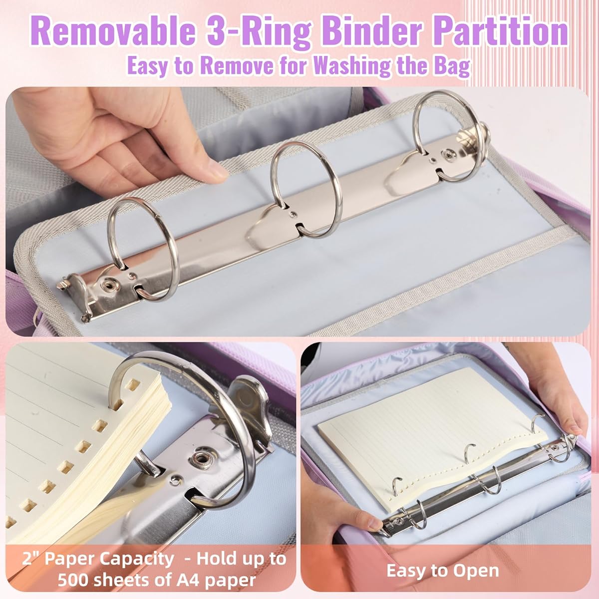 Zipper Binder 3 Ring with Shoulder Strap | 2 Inch O-Rings, 500-Sheet Capacity, Expanding File Folder & Multi-Pockets, Trapper Keeper Fits for 13 Inch Laptop, Purple