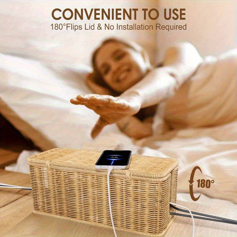 Hand-woven Rattan Wire Box - Durable Material, Multiple Storage Spaces, Used for Power Cords, Data Cables and Chargers, Office Supplies Storage | Rattan Woven Pattern