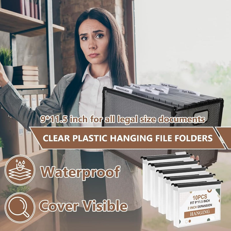 10pcs Heavy Duty Hanging File Folders with 2-Inch Expansion Tabs & Black Insert Gasket - Extra Capacity Letter Size (A4\u002FA5\u002FA6\u002FA7\u002FA8) - Durable Plastic Filing Cabinet