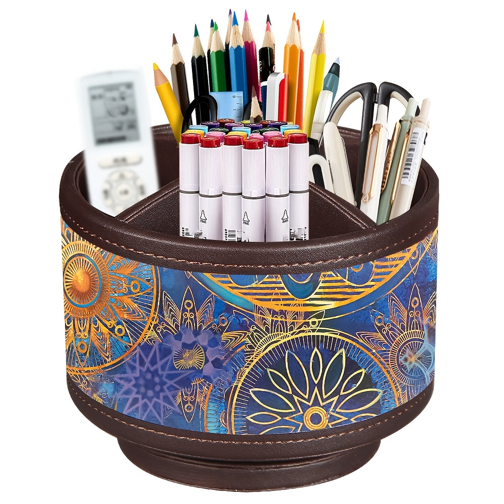 360° Swivel Pen Holder with 4 Compartments, PU Leather Versatile Desk Organizer Storage Box\u002FRemote Control Holder\u002FPencil Case for Art Supplies, Remotes, Glasses, Office Supplies and Accessories, etc.
