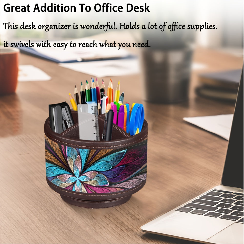 360° Swivel Pen Holder with 4 Compartments, PU Leather Versatile Desk Organizer Storage Box\u002FRemote Control Holder\u002FPencil Case for Art Supplies, Remotes, Glasses, Office Supplies and Accessories, etc.