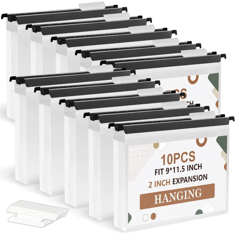 10pcs Heavy Duty Hanging File Folders with 2-Inch Expansion Tabs & Black Insert Gasket - Extra Capacity Letter Size (A4\u002FA5\u002FA6\u002FA7\u002FA8) - Durable Plastic Filing Cabinet