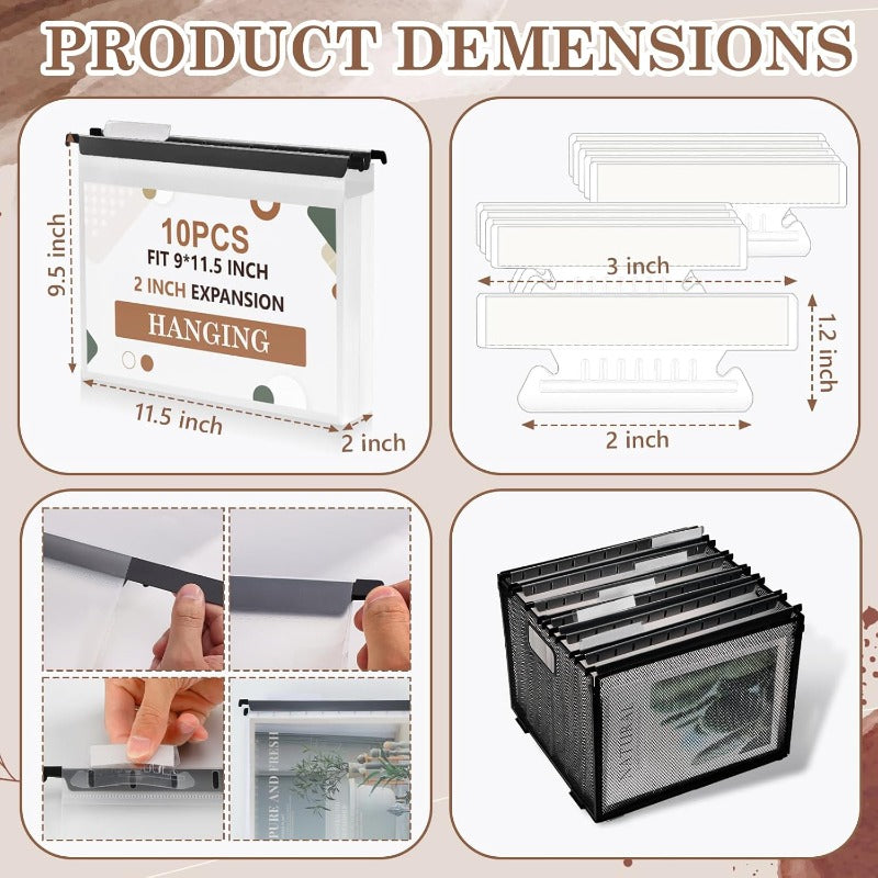 10pcs Heavy Duty Hanging File Folders with 2-Inch Expansion Tabs & Black Insert Gasket - Extra Capacity Letter Size (A4\u002FA5\u002FA6\u002FA7\u002FA8) - Durable Plastic Filing Cabinet