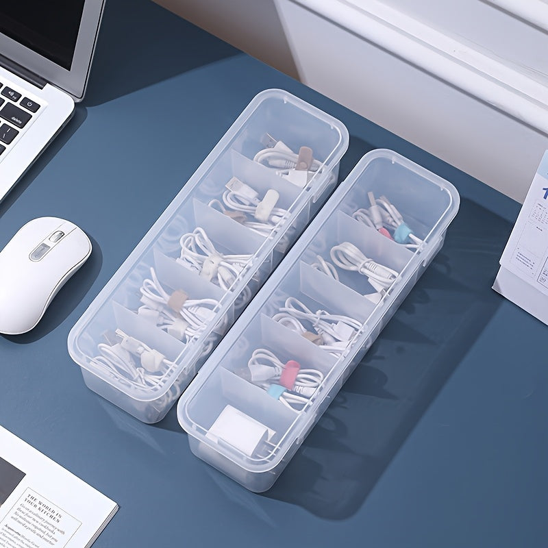 2pcs\u002F4pcs Clear Plastic Storage Boxes with 5 Compartments - Large Capacity Portable Organizer for Cables, Batteries, Office & Home - Durable Transparent Design for School, Desk, Shelves
