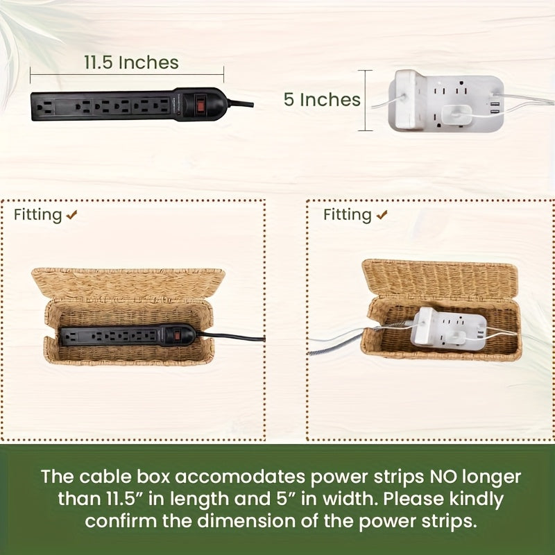 1 Handmade Brown Cable Management Box, Rattan Cable Management Box, Desktop Cable Storage Box, Hidden Power Strip And Cable Management Box, Suitable For Computer Routers, USB Hubs And Sockets
