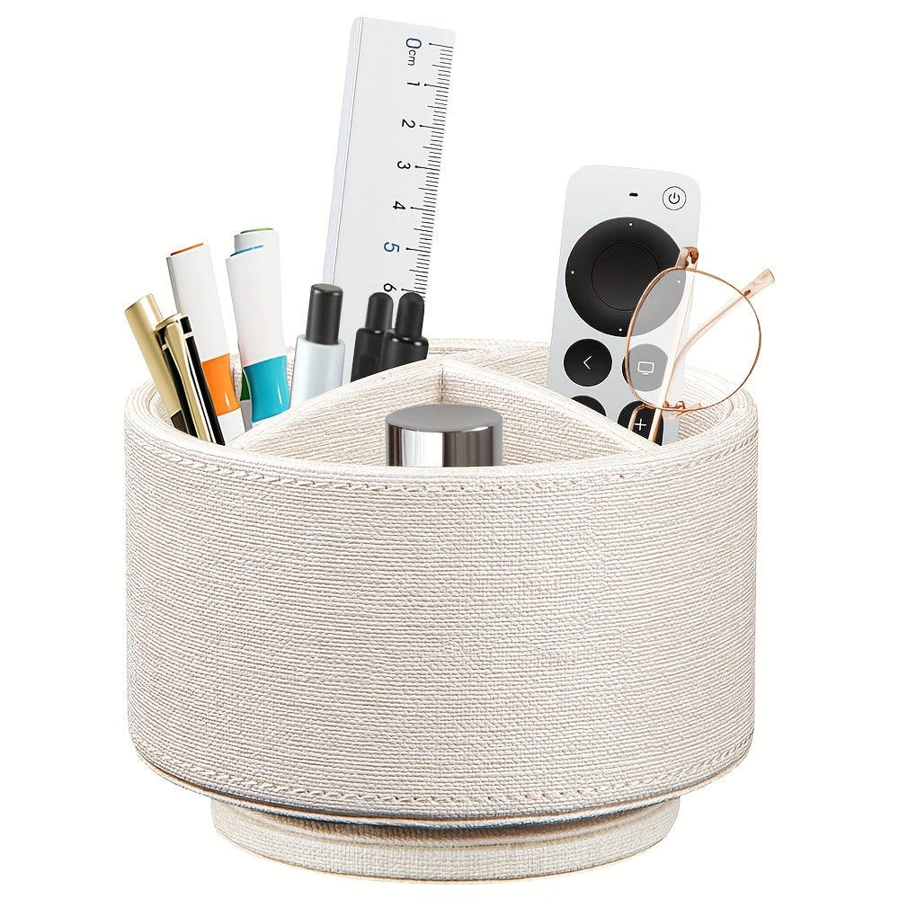 360° Swivel Pen Holder with 4 Compartments, PU Leather Versatile Desk Organizer Storage Box\u002FRemote Control Holder\u002FPencil Case for Art Supplies, Remotes, Glasses, Office Supplies and Accessories, etc.