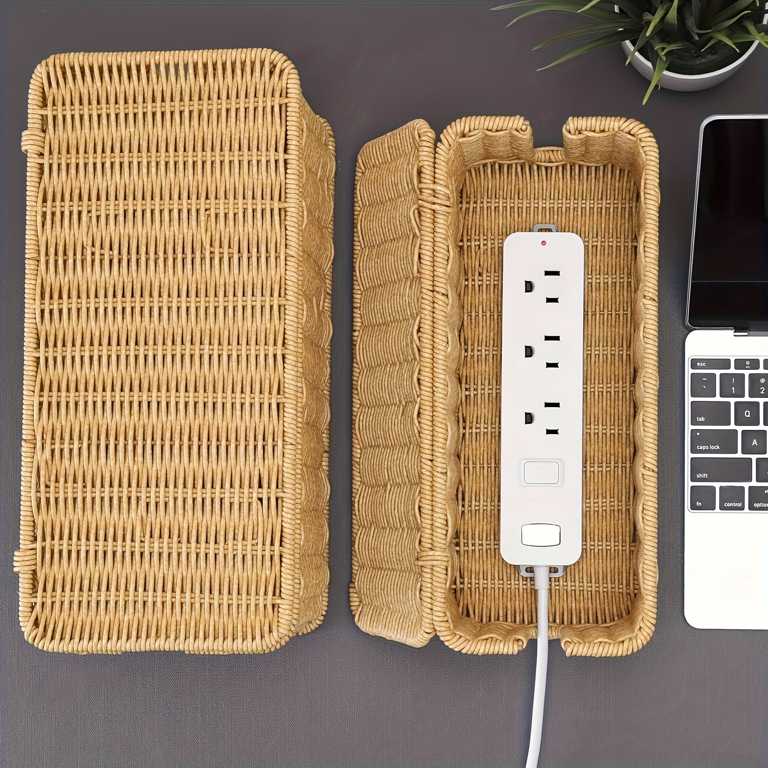 1 Handmade Brown Cable Management Box, Rattan Cable Management Box, Desktop Cable Storage Box, Hidden Power Strip And Cable Management Box, Suitable For Computer Routers, USB Hubs And Sockets