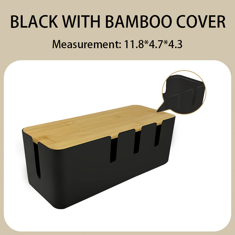 Bamboo-Covered Power Strip Storage Box - A Desktop Organizer for Cables with Cord Management, Versatile Plastic Container for Chargers And Cables