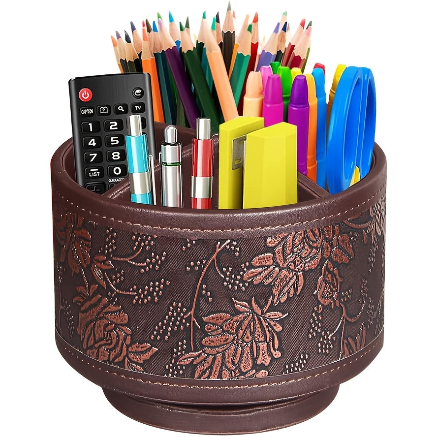 360° Swivel Pen Holder with 4 Compartments, PU Leather Versatile Desk Organizer Storage Box\u002FRemote Control Holder\u002FPencil Case for Art Supplies, Remotes, Glasses, Office Supplies and Accessories, etc.