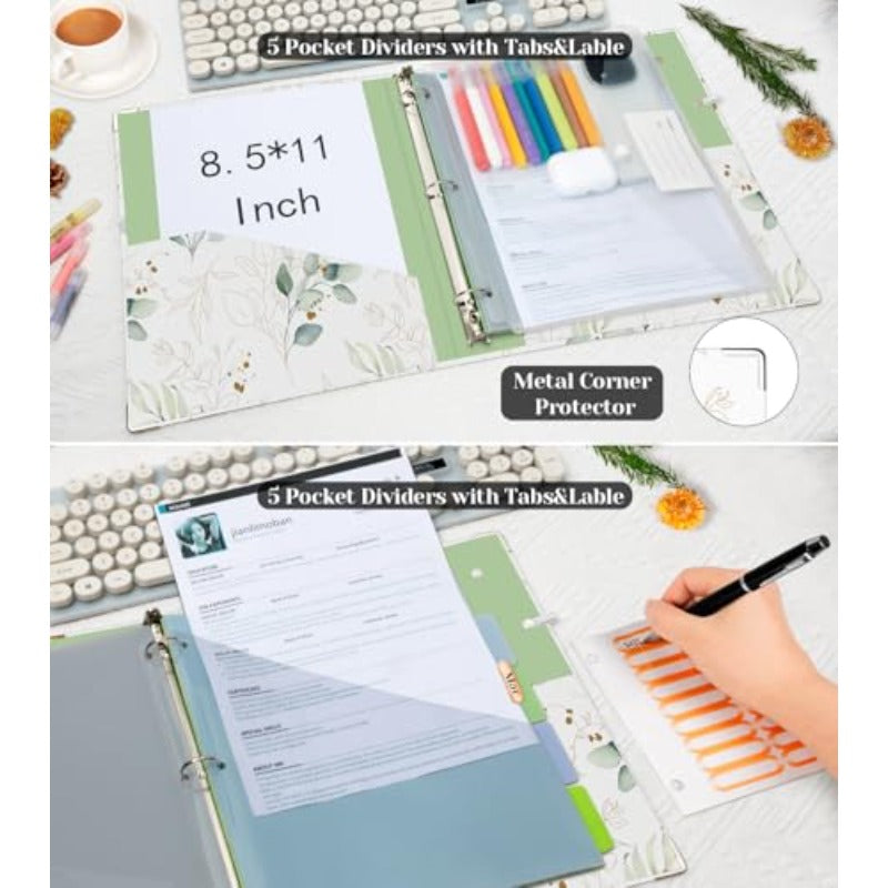 3 Ring 1 Inch Binder Organizer | KLE Three Ring Binders with Clipboard, 5 Pocket Divider with Tabs, Folder with 18 Divider Stickers, Pen Loop, Leaves Letter Size