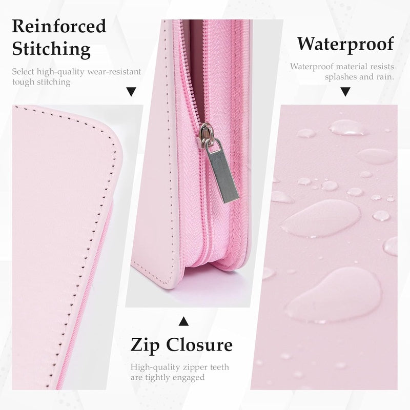 Zippered Leather 3 Ring Binder Organizer with Pockets - Business Portfolio Folder with Card Slots, Phone Holder, Pen Loop Pink