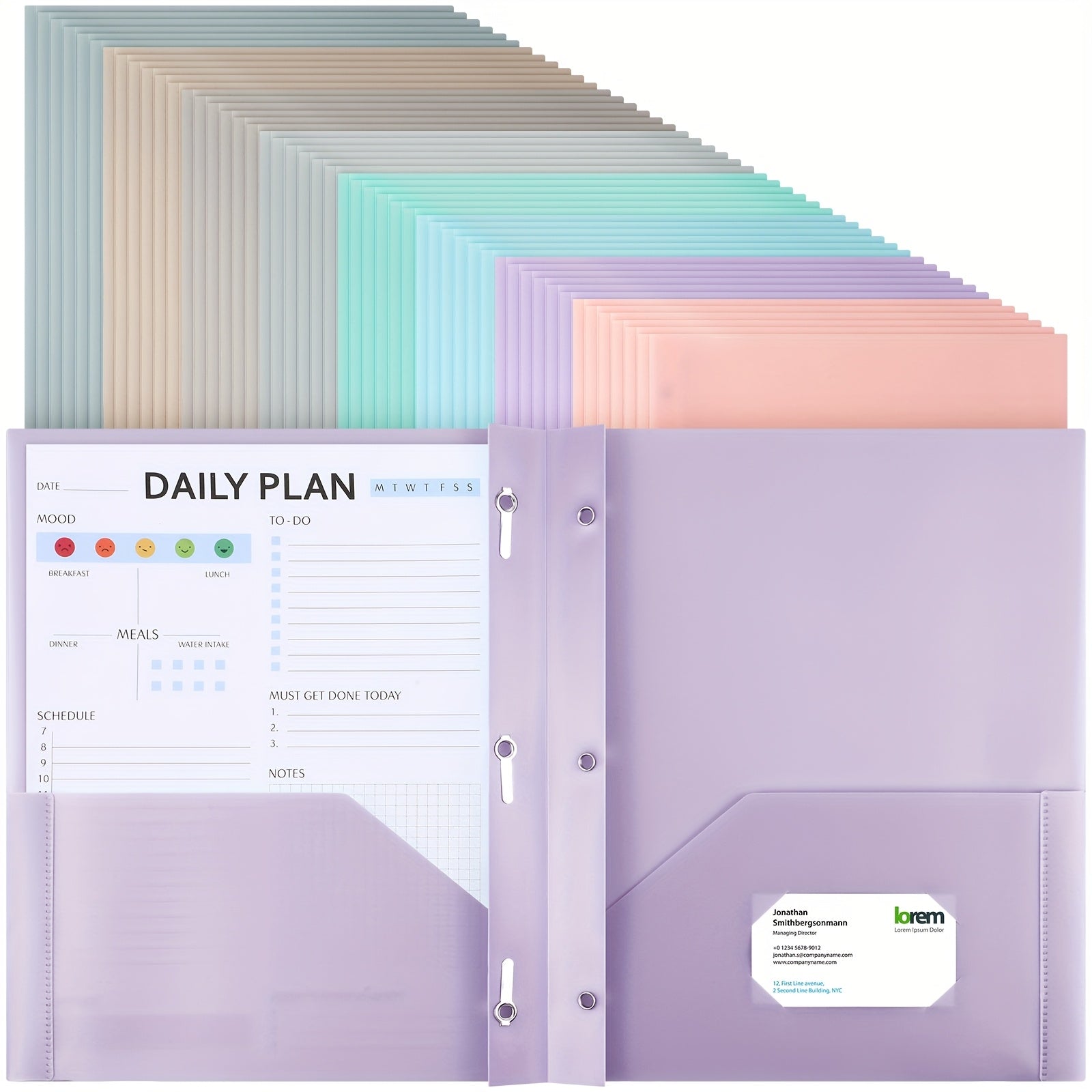 48pcs Heavy-Duty Plastic Binder Folders with Fastener Pockets & 3-Prong Binding System - Pastel Colors (,,,,,,,,) for, Office Organization, Ring Binders