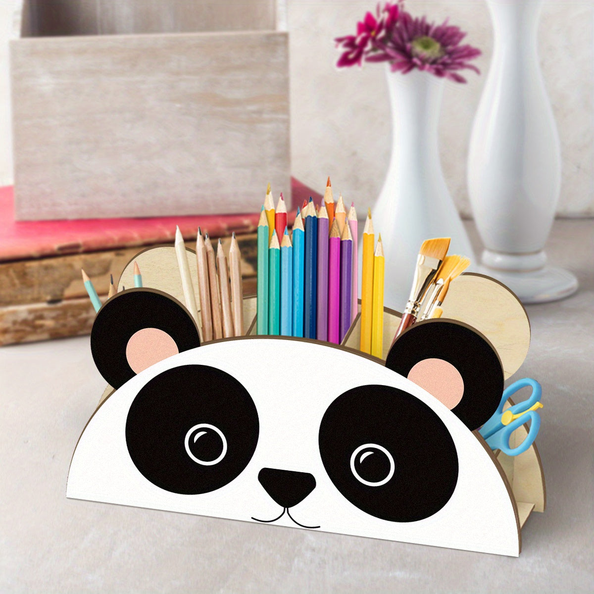 1pc of Adorable Panda-Shaped Wooden Pencil Organizer, Multi-Tier Desktop Storage Rack, Innovative Stationery Holder Suitable for Home And Office, Perfect for Back-To-School Gifts And Office Supplies