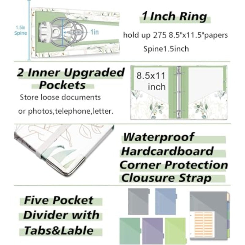 3 Ring 1 Inch Binder Organizer | KLE Three Ring Binders with Clipboard, 5 Pocket Divider with Tabs, Folder with 18 Divider Stickers, Pen Loop, Leaves Letter Size