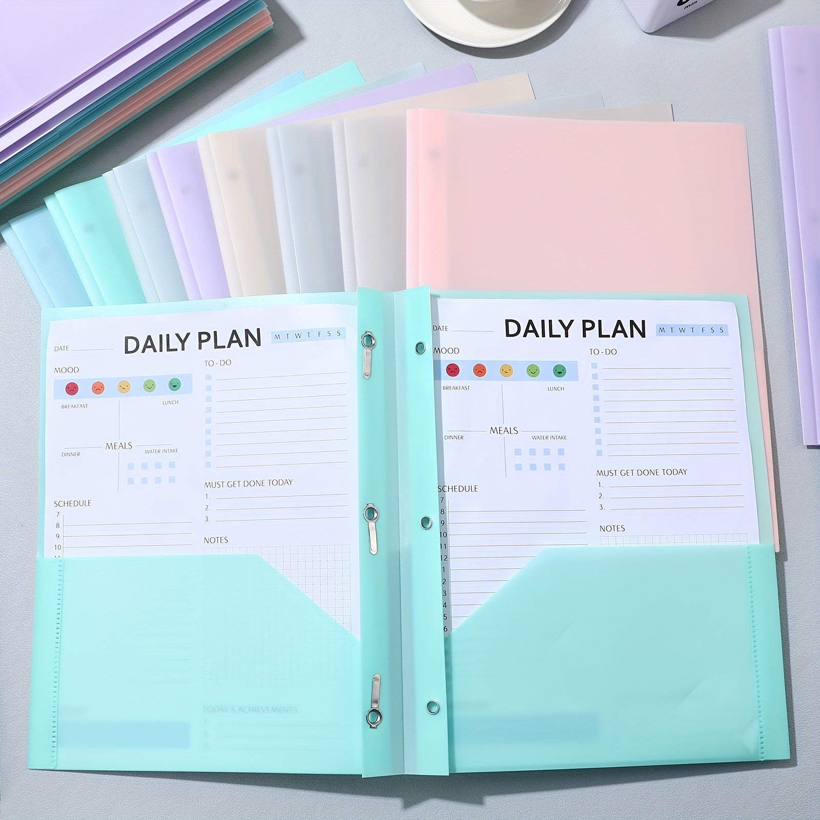 48pcs Heavy-Duty Plastic Binder Folders with Fastener Pockets & 3-Prong Binding System - Pastel Colors (,,,,,,,,) for, Office Organization, Ring Binders