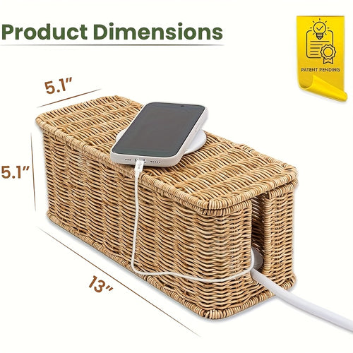 1 Handmade Brown Cable Management Box, Rattan Cable Management Box, Desktop Cable Storage Box, Hidden Power Strip And Cable Management Box, Suitable For Computer Routers, USB Hubs And Sockets