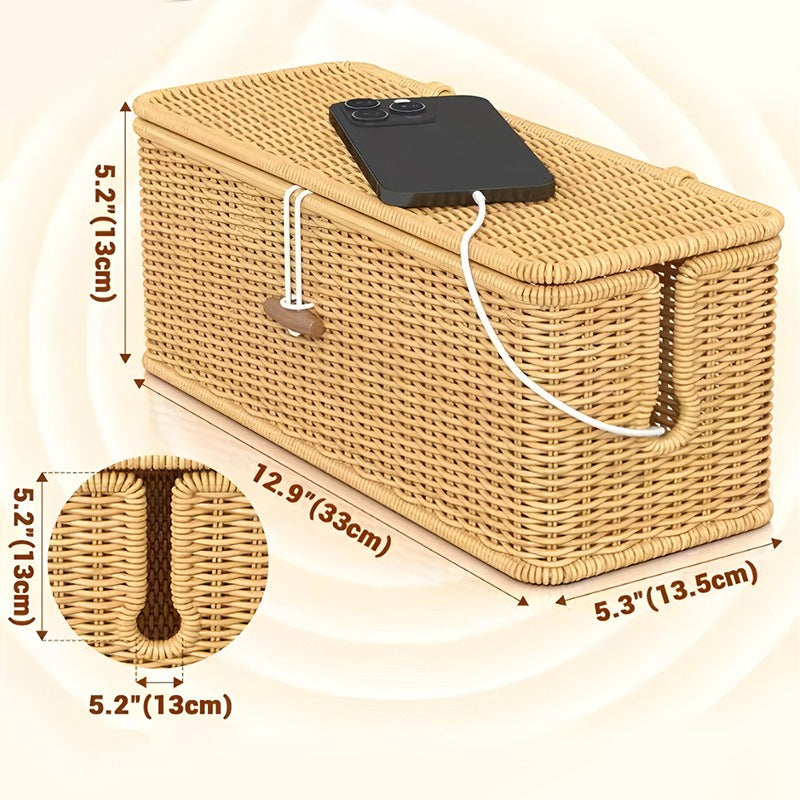 Hand-woven Rattan Wire Box - Durable Material, Multiple Storage Spaces, Used for Power Cords, Data Cables and Chargers, Office Supplies Storage | Rattan Woven Pattern
