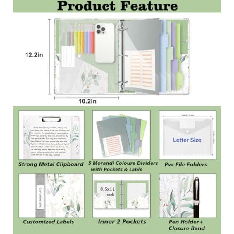 3 Ring 1 Inch Binder Organizer | KLE Three Ring Binders with Clipboard, 5 Pocket Divider with Tabs, Folder with 18 Divider Stickers, Pen Loop, Leaves Letter Size