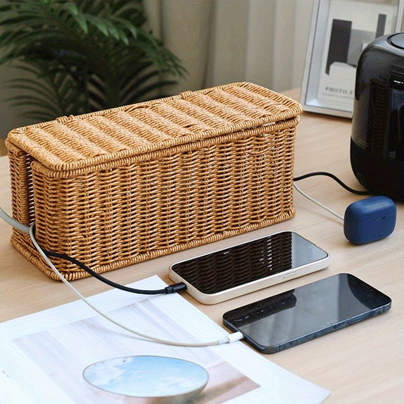 Hand-woven Rattan Wire Box - Durable Material, Multiple Storage Spaces, Used for Power Cords, Data Cables and Chargers, Office Supplies Storage | Rattan Woven Pattern
