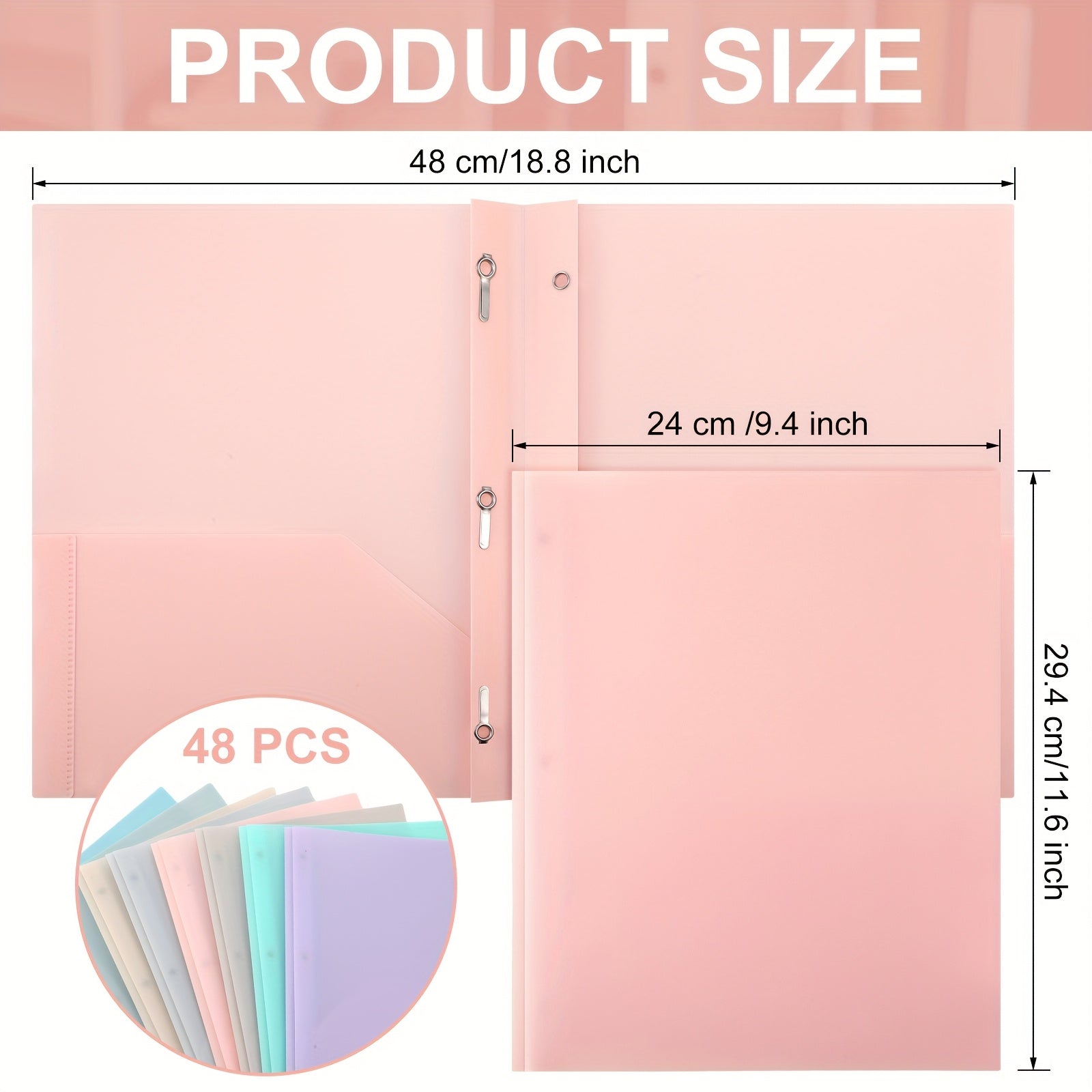 48pcs Heavy-Duty Plastic Binder Folders with Fastener Pockets & 3-Prong Binding System - Pastel Colors (,,,,,,,,) for, Office Organization, Ring Binders