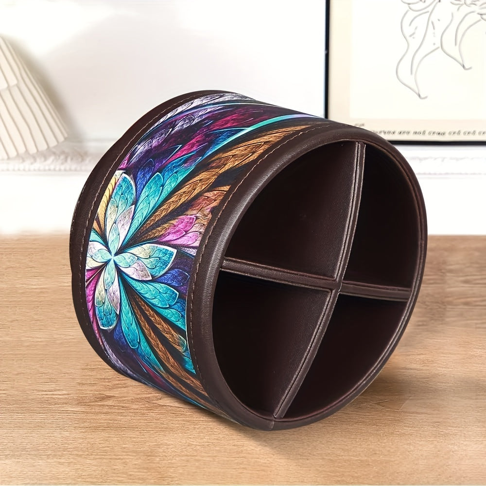 360° Swivel Pen Holder with 4 Compartments, PU Leather Versatile Desk Organizer Storage Box\u002FRemote Control Holder\u002FPencil Case for Art Supplies, Remotes, Glasses, Office Supplies and Accessories, etc.