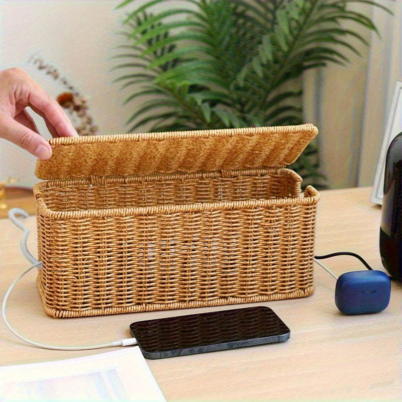 Hand-woven Rattan Wire Box - Durable Material, Multiple Storage Spaces, Used for Power Cords, Data Cables and Chargers, Office Supplies Storage | Rattan Woven Pattern