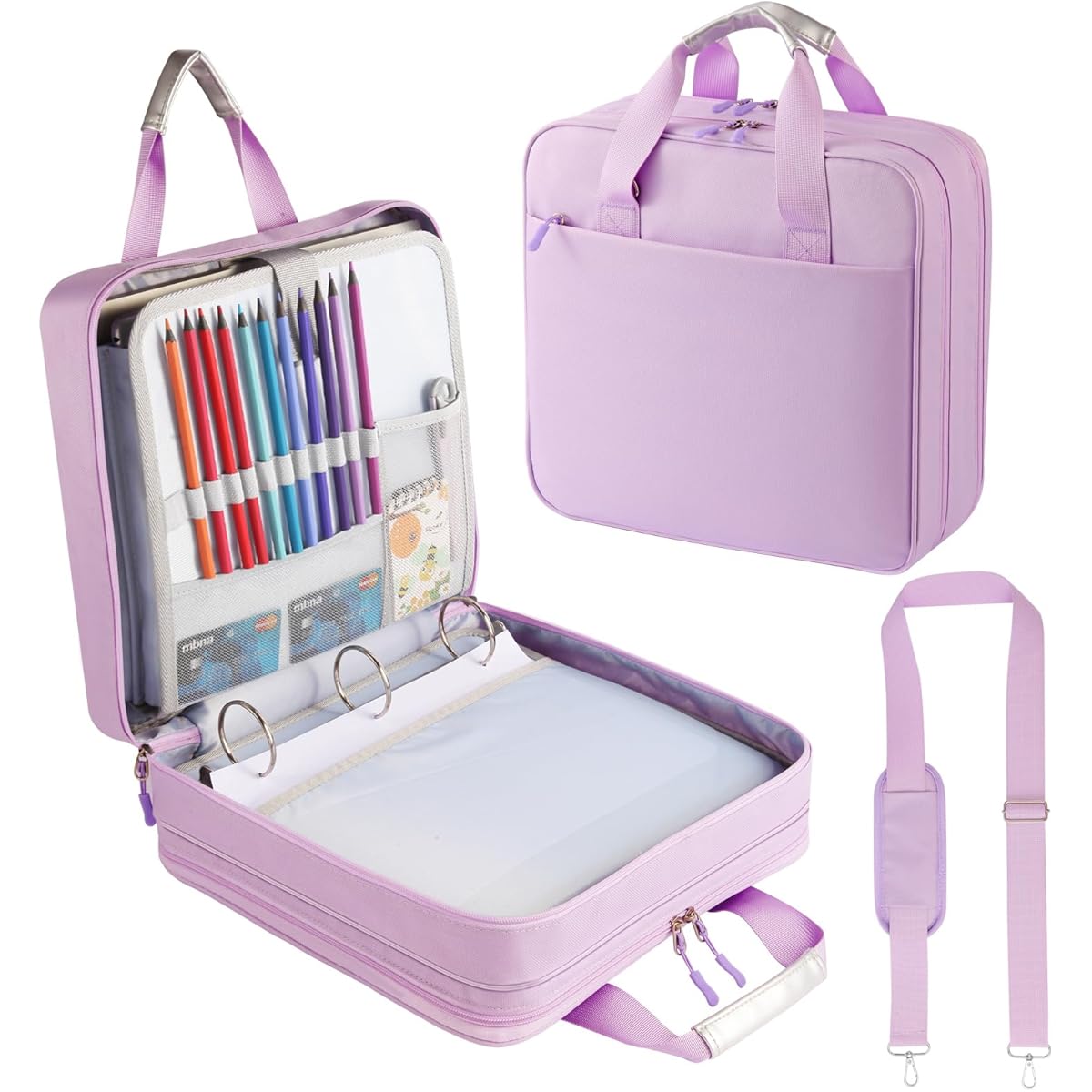 Zipper Binder 3 Ring with Shoulder Strap | 2 Inch O-Rings, 500-Sheet Capacity, Expanding File Folder & Multi-Pockets, Trapper Keeper Fits for 13 Inch Laptop, Purple