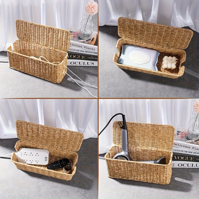 1 Handmade Brown Cable Management Box, Rattan Cable Management Box, Desktop Cable Storage Box, Hidden Power Strip And Cable Management Box, Suitable For Computer Routers, USB Hubs And Sockets