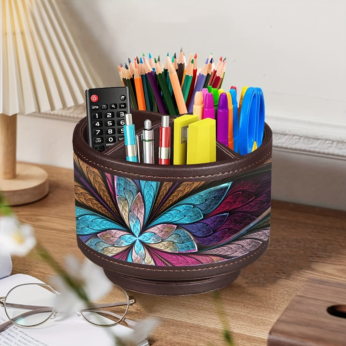 360° Swivel Pen Holder with 4 Compartments, PU Leather Versatile Desk Organizer Storage Box\u002FRemote Control Holder\u002FPencil Case for Art Supplies, Remotes, Glasses, Office Supplies and Accessories, etc.