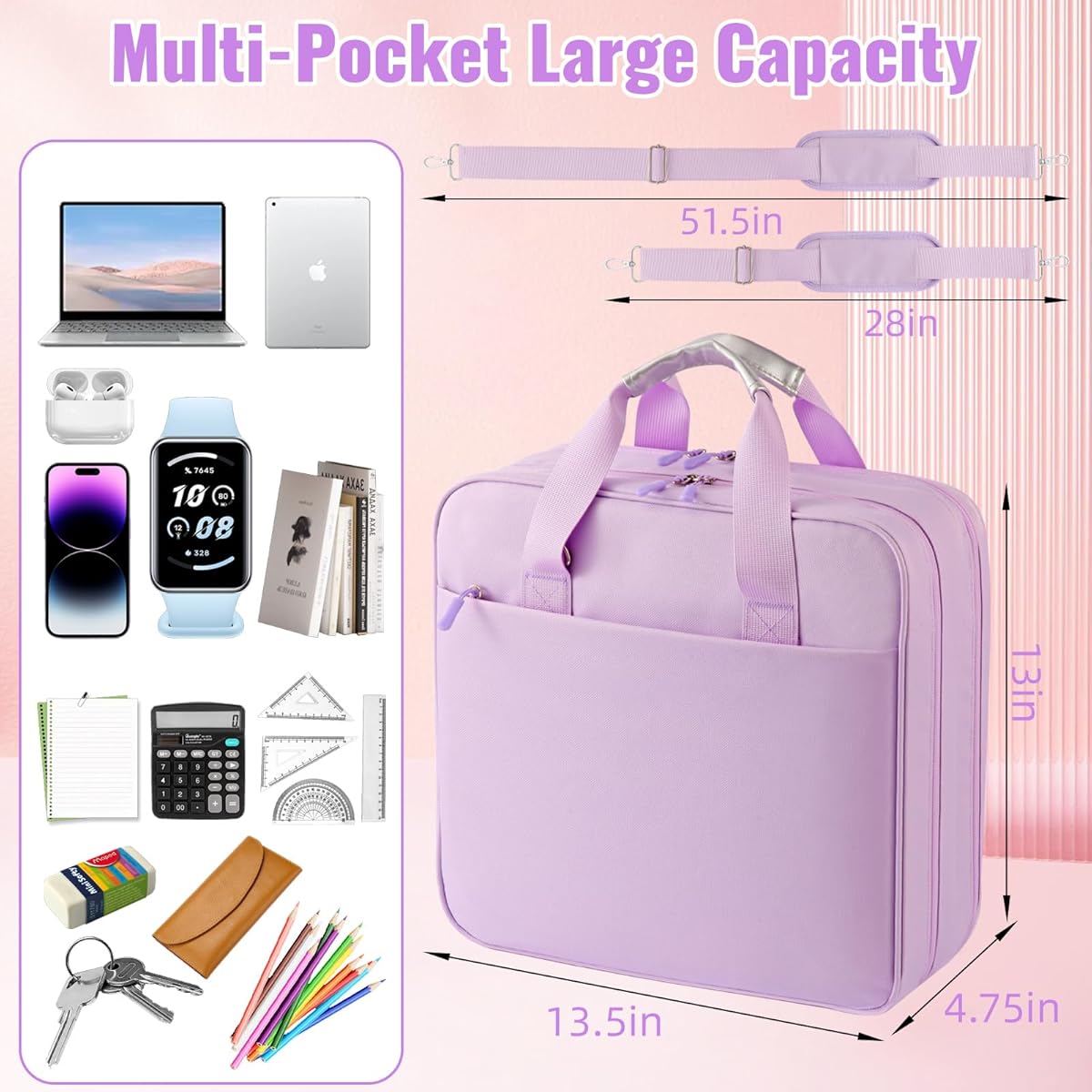 Zipper Binder 3 Ring with Shoulder Strap | 2 Inch O-Rings, 500-Sheet Capacity, Expanding File Folder & Multi-Pockets, Trapper Keeper Fits for 13 Inch Laptop, Purple