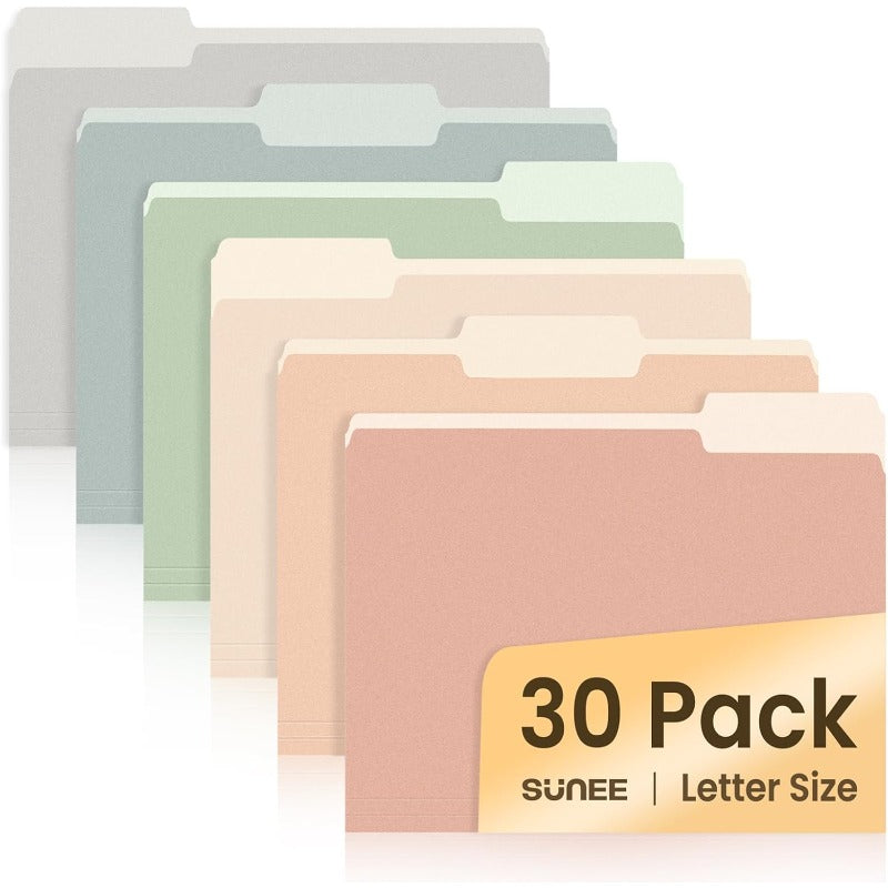 SUNEE 30-Pack Pastel Colored File Folders with Labeling Tabs - 8.5x11 Letter Size Durable PP Plastic-like Manilla Folders, 6 Soft Colors (Light, Mint Green, Pink, Lavender, ) for Home Office, School, Document Organization - Letter Size Compatible