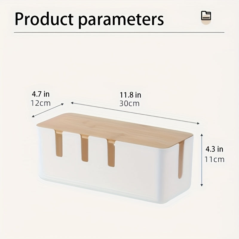 Bamboo-Covered Power Strip Storage Box - A Desktop Organizer for Cables with Cord Management, Versatile Plastic Container for Chargers And Cables